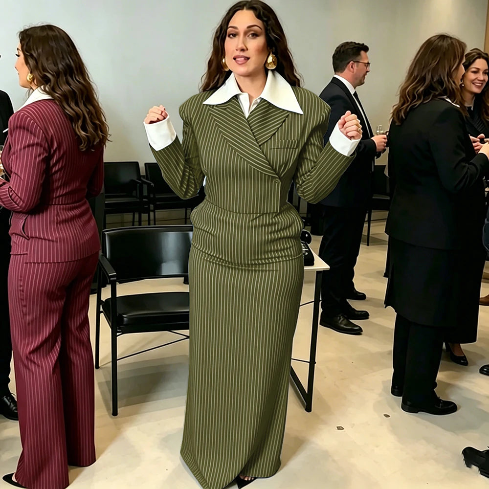 Navy Pinstripe Single Breasted Blazer Skirt Set for Women