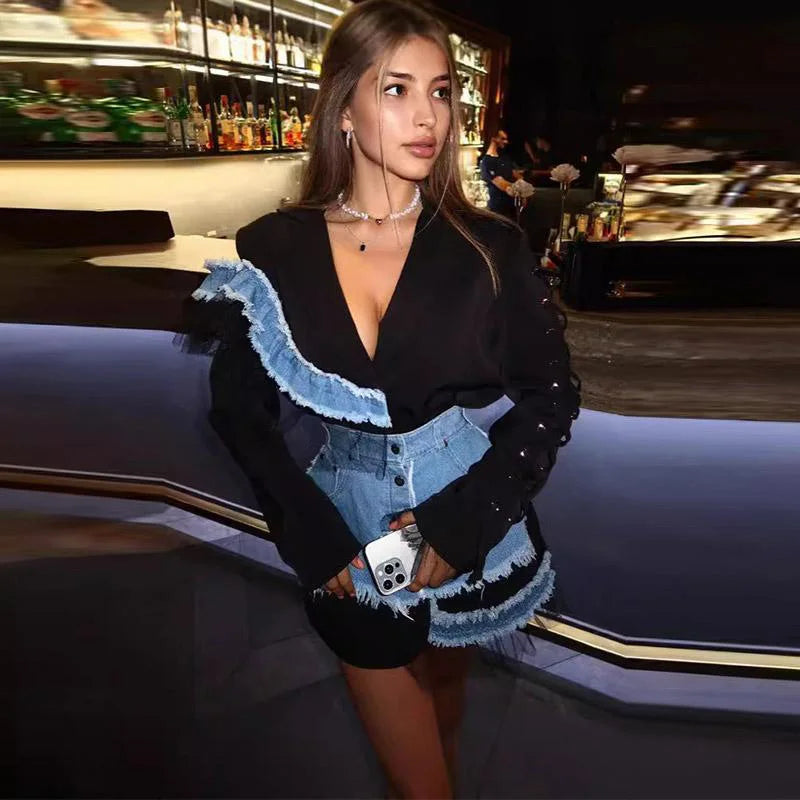 Stylish Patchwork Denim Mini Dresses Lace Deep V-neck Jacket Sexy Irregular Casual-chic Sexy Edgy Top Designers Streetwear