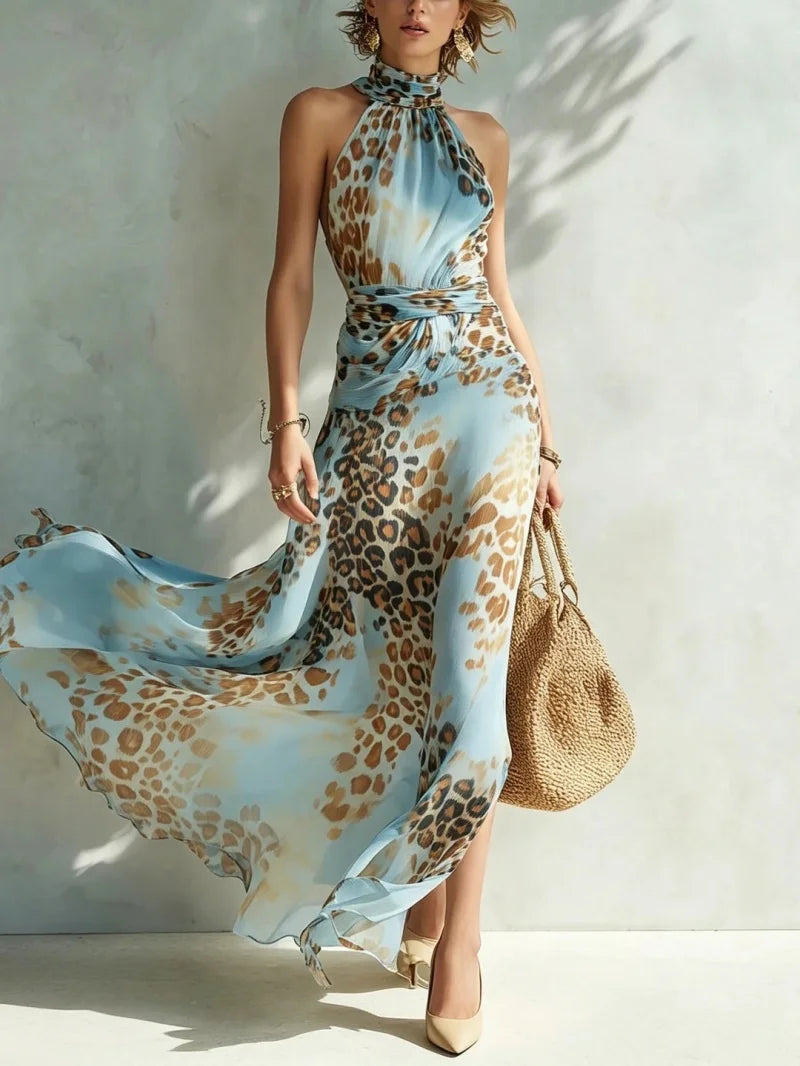 Sleeveless Leopard Print Halter Maxi Dress for Women