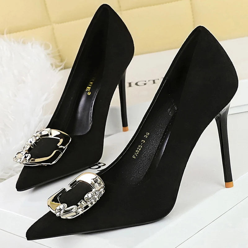 Elegant Rhinestone Buckle Suede High Heel Pumps for Women