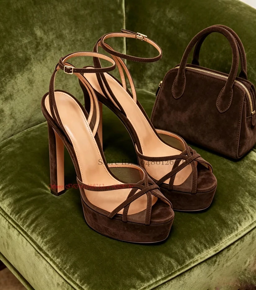 Open Toe Suede Trimmed Mesh Platform Sandals for Women