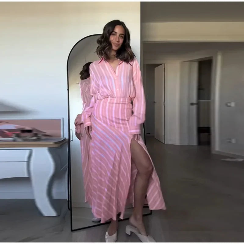 Elegant Striped Long Sleeve Shirt and Skirt Set for Women