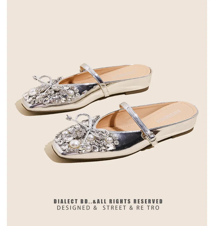 Pearl Bow Embellished Square Toe Flat Shoes For Women
