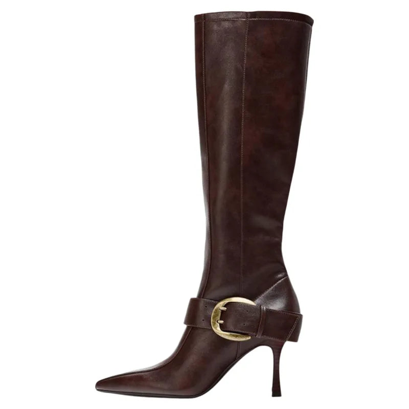 Elegant Pointed Toe Metal Buckle Mid Calf Boots for Women