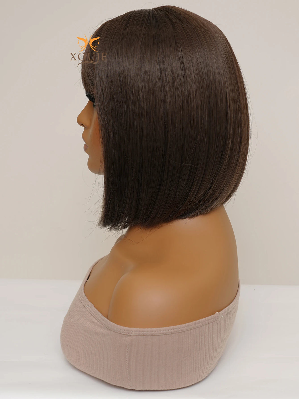 Natural Brown Straight Synthetic Wig With Bangs For Women