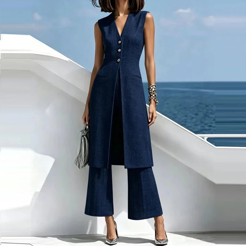 Elegant V-Neck Sleeveless Two-Piece Pants Set for Women