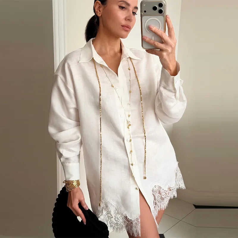 Casual Loose Fit Lace Patchwork Shorts Outfit For Women