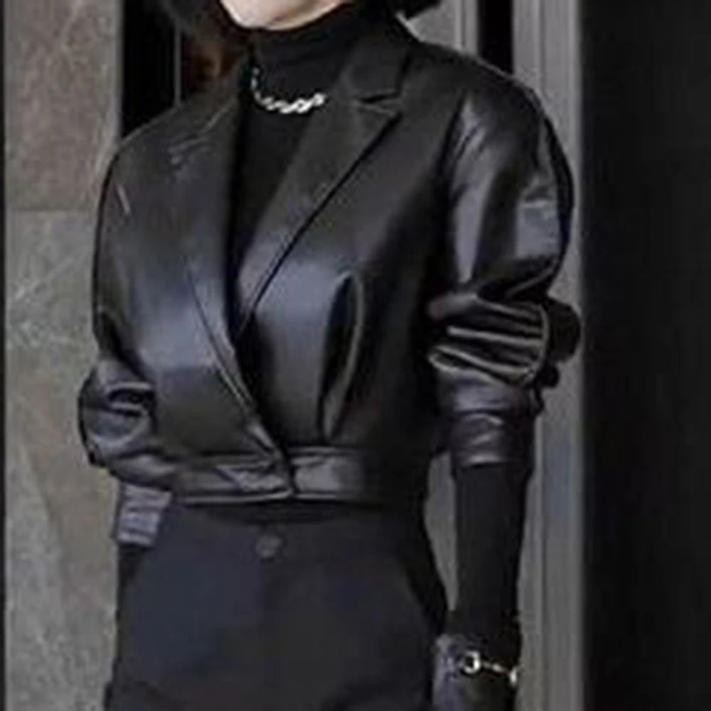 Trendy Faux Leather Blazer And Flared Pants Set For Women