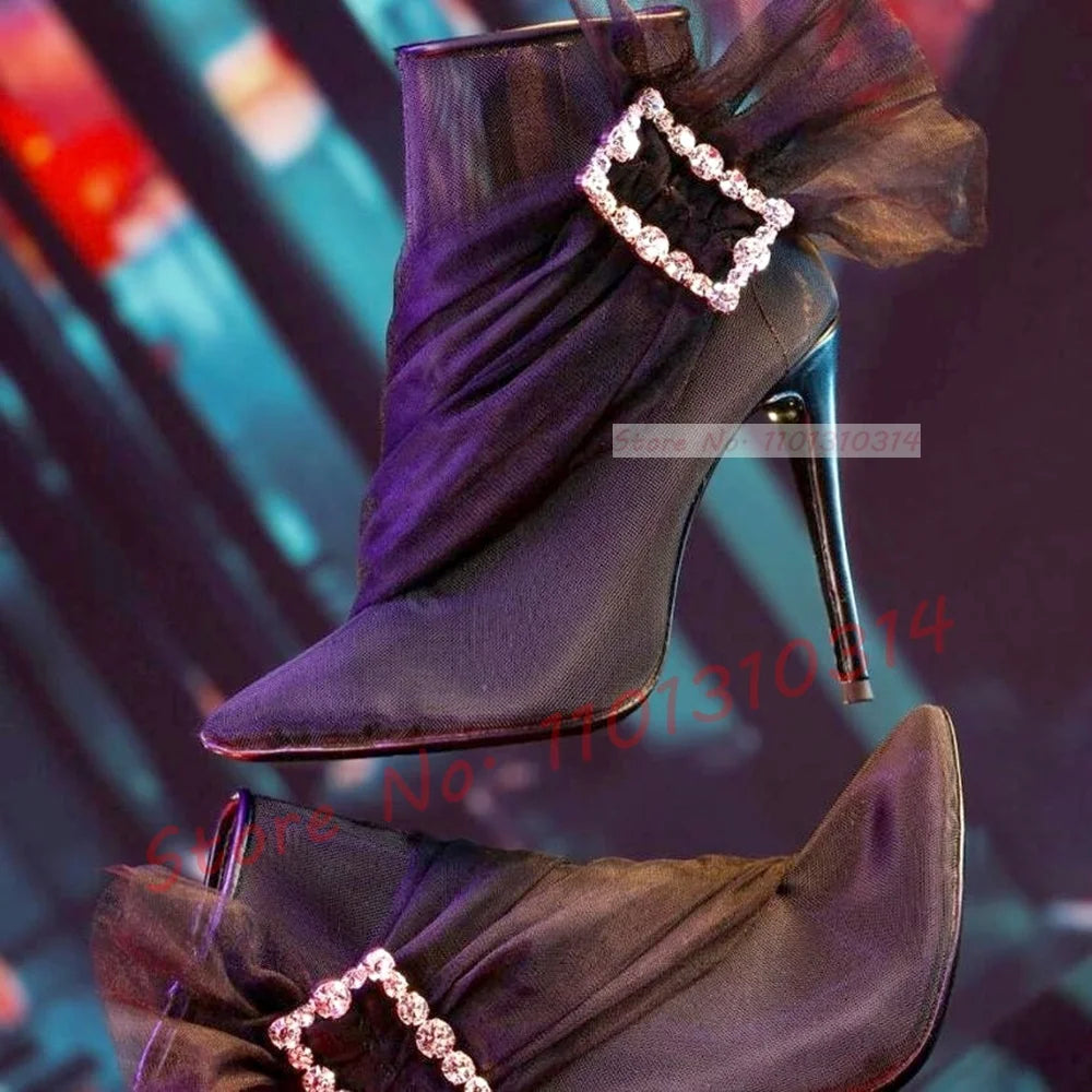 See Through Mesh Crystal Buckle Ankle Booties for Women