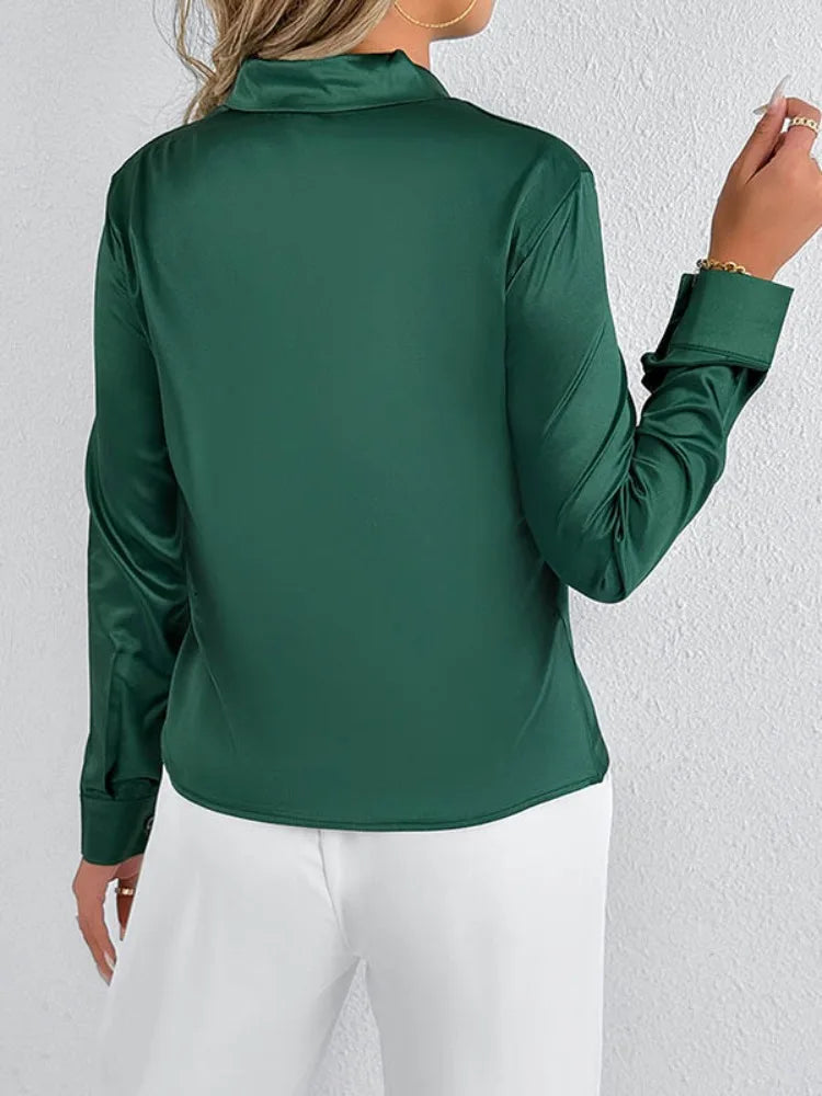 Bonboho 2026 New Women's Solid Color Silky Shirt V-neck Long Sleeves Elegant Blouse for Female Elegant Pullover Work Shirts