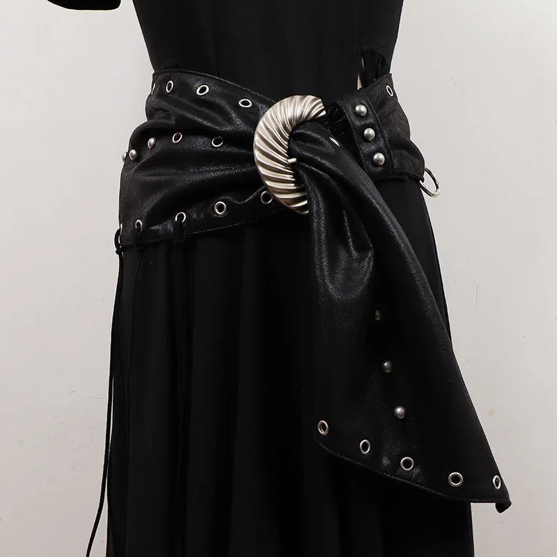 [EAM] Pu Leather Coffee Tassels Irregular Long Wide Belt Personality Women New Fashion Tide All-match Spring Autumn 2025 1DH8694
