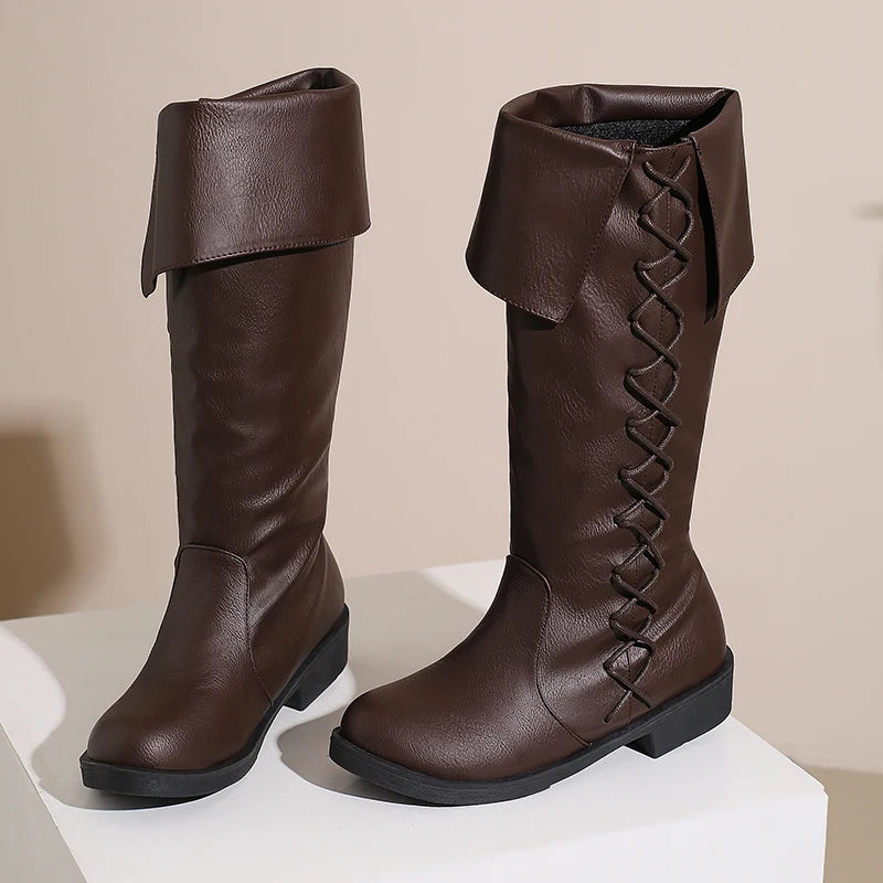 Retro Cross-Tied Flat Mid-Calf Costume Boots for Women