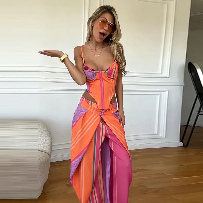 Striped Patchwork Vest and Asymmetric Trousers Set for Women