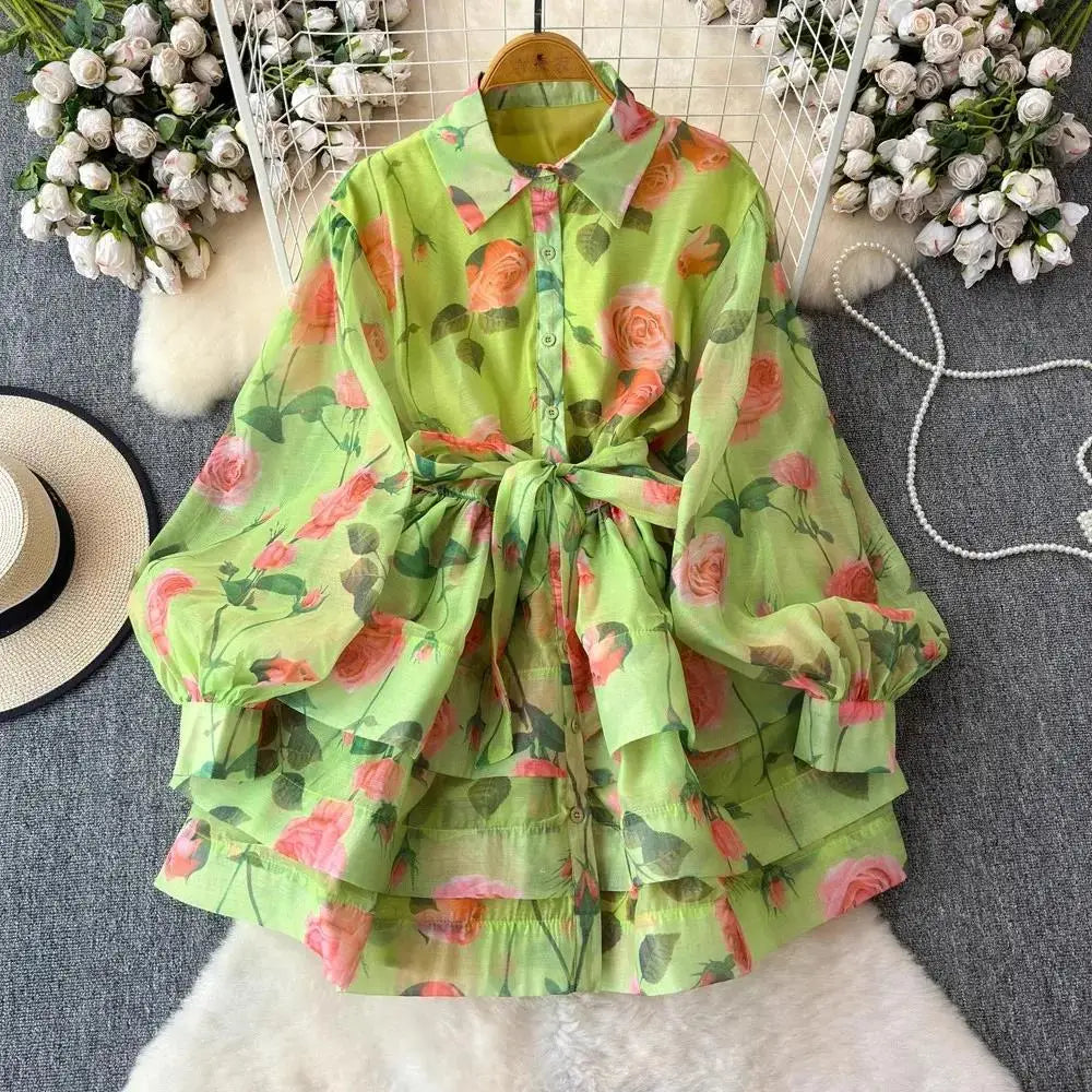 Women Lantern Sleeve Floral Print Lace Up Belt Summer Ball Gown Cute Dress Holiday Gorgeous Flower Ruffles Layer Cake Mini Dress