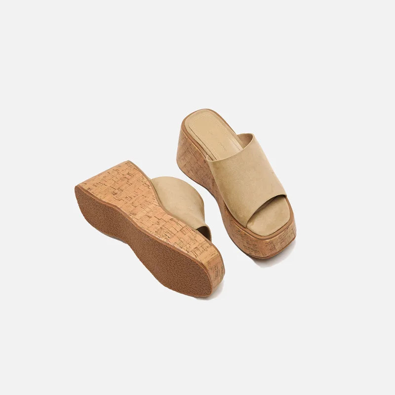 Platform Wood Grain Sandals with Wedge Heels Open Toe for Women