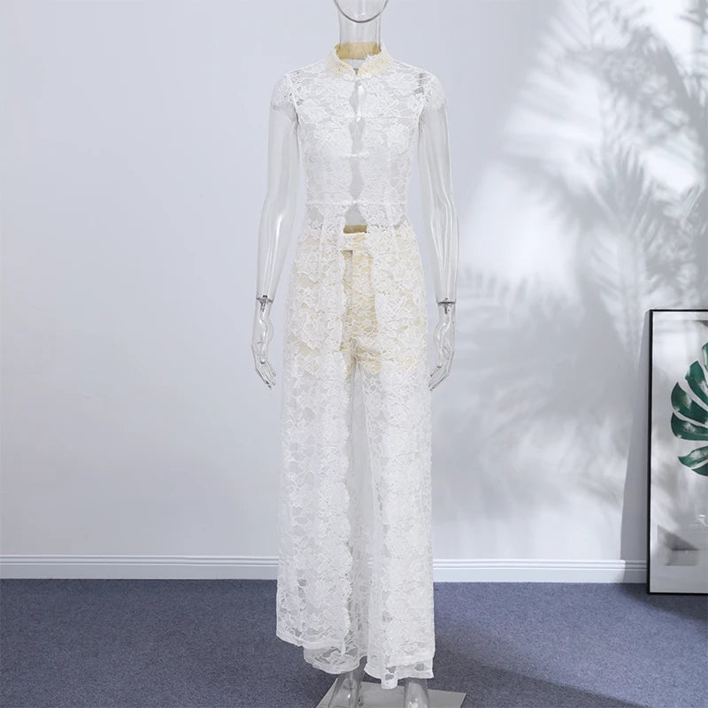 Elegant Lace Trim Two Piece Wide Leg Pant Set for Women