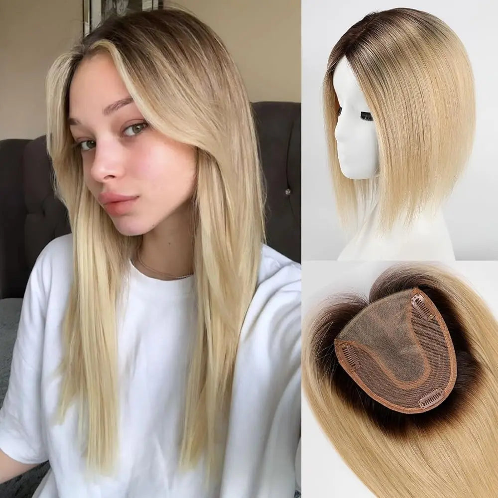 Straight Blonde Highlight Remy Human Hair Topper For Women