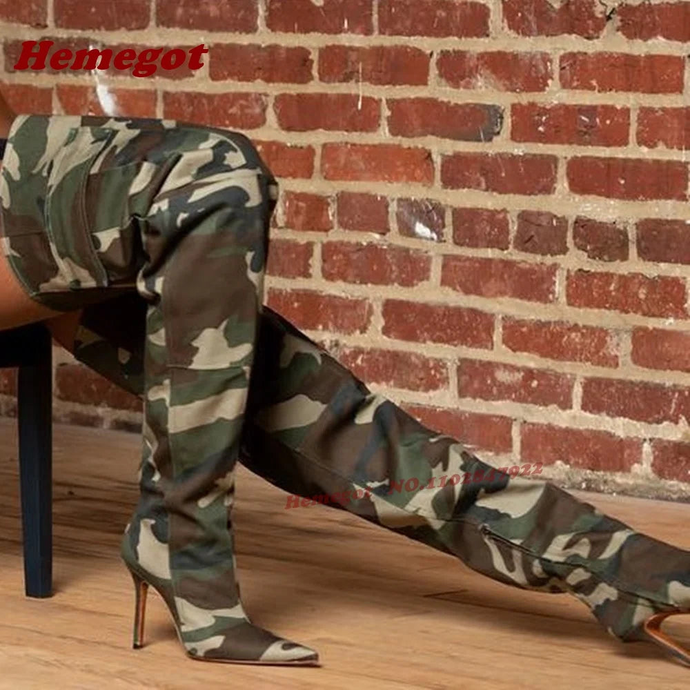 Camouflage Pocket Decor Pointy Toe Over The Knee Boots for Women