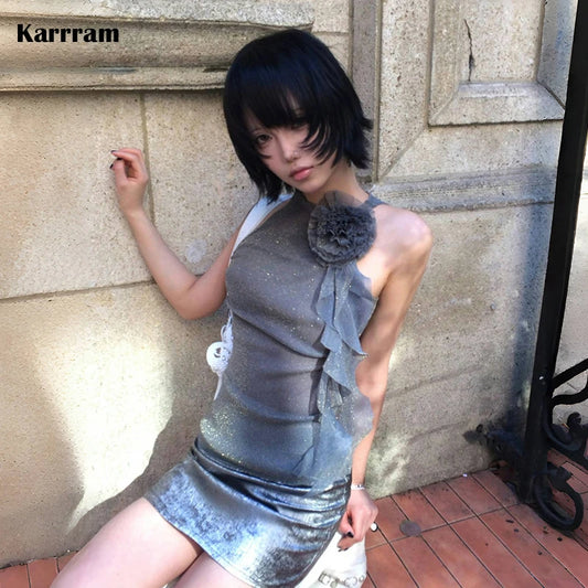 Karrram Japanese Y2k Mesh Tank Top Trashy 2000s Style Sleeveless Tops Vintage Harajuku Flower Irregular Tanktop Fairy Aesthetics