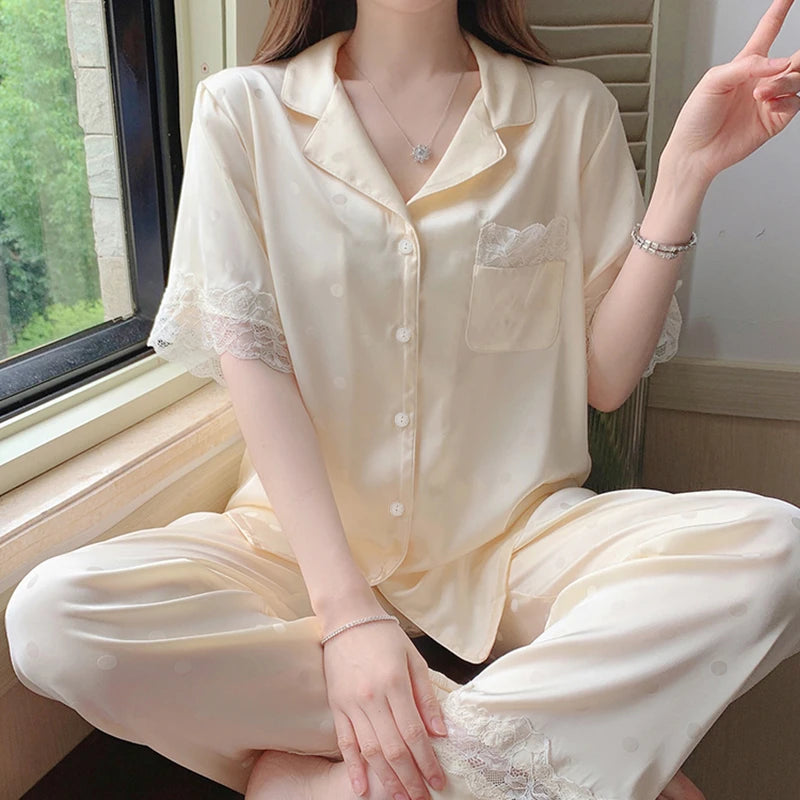 Y2k Pink Sweet Dot Lace Jacquard Women Pajamas French Romantic Lazy Lady Nightgown 2024 New Summer Korean Harajuku Home 2pc Set
