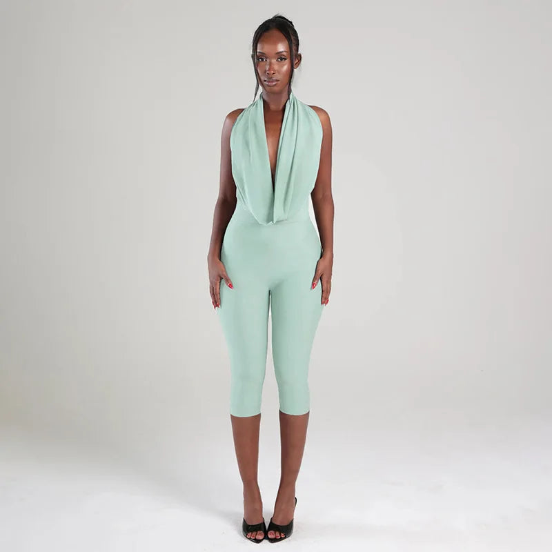 Ruched Halter Neck Lace-Up Capri Jumpsuit for Women