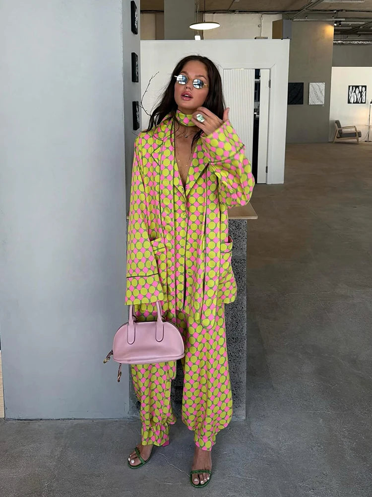 Geometric Printed Wide Leg Loose Pants Set for Women