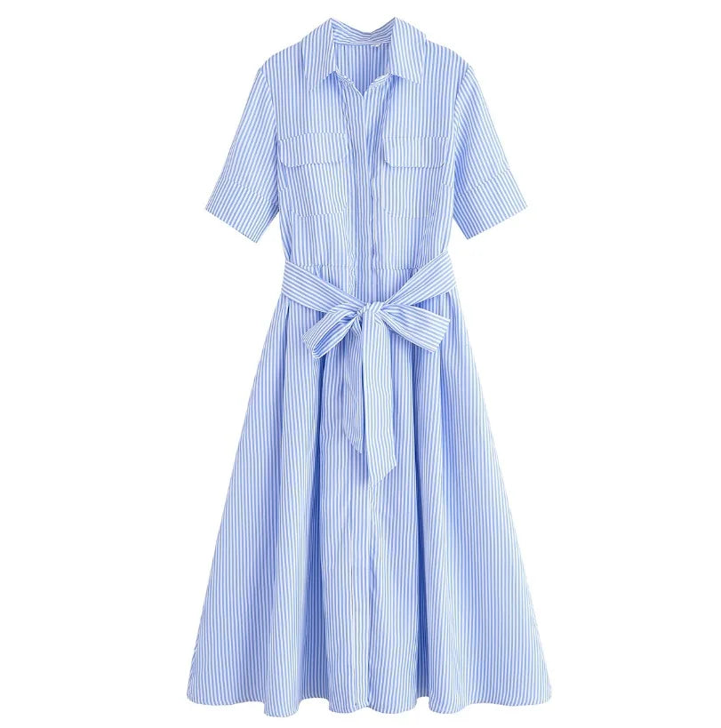 Lapel Casual Pockets Short Sleeve Shirt Dress for Women