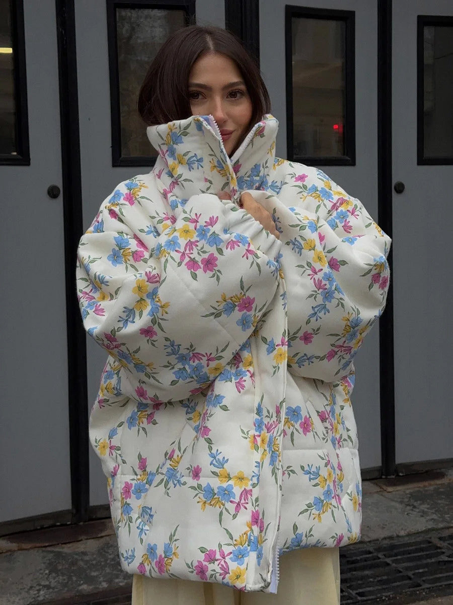 Floral Print Oversized Stand Collar Puffer Jacket For Women