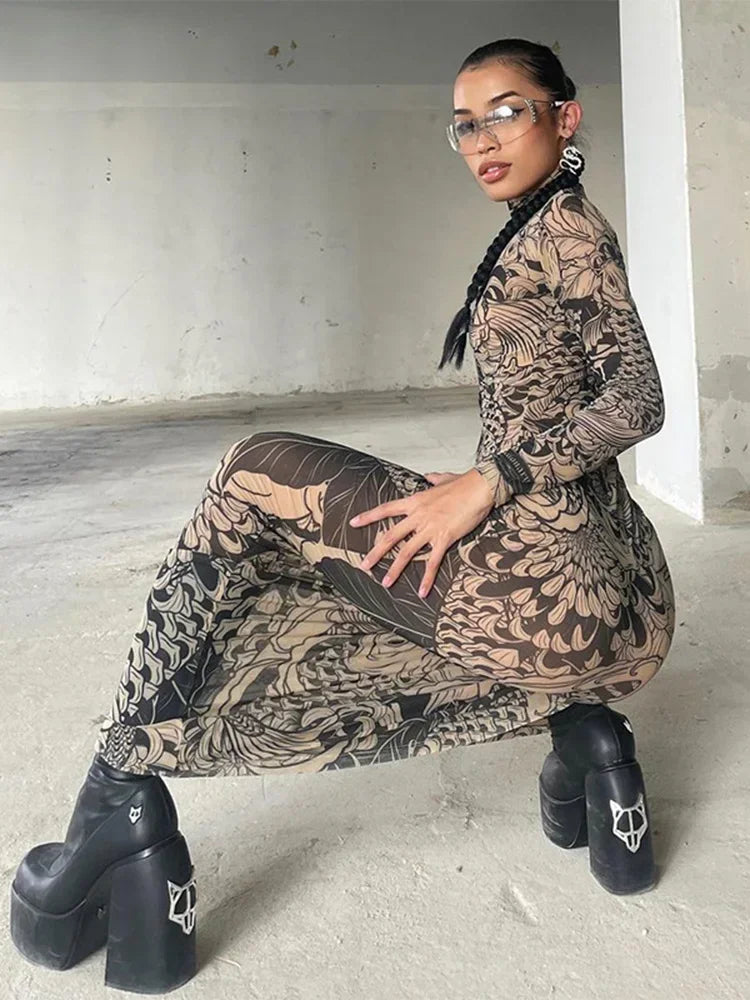 Women 2023 Autumn Winter Long Sleeve Mesh See Through Streetwear Bodycon Long Dress Wholesale Items For Business