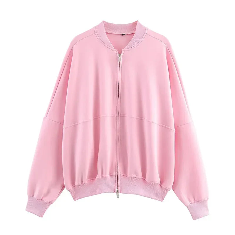 Solid Zip Front Coat and Trousers Two Piece Set for Women Autumn