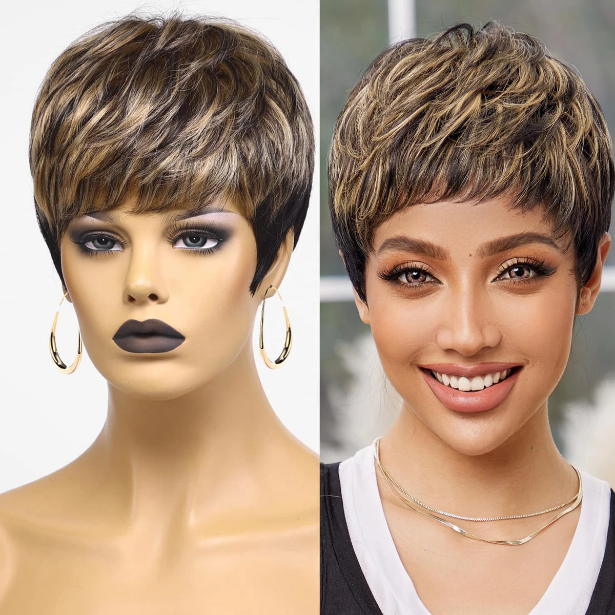 Short Layered Ombre Blonde Pixie Cut Wig With Bangs For Women