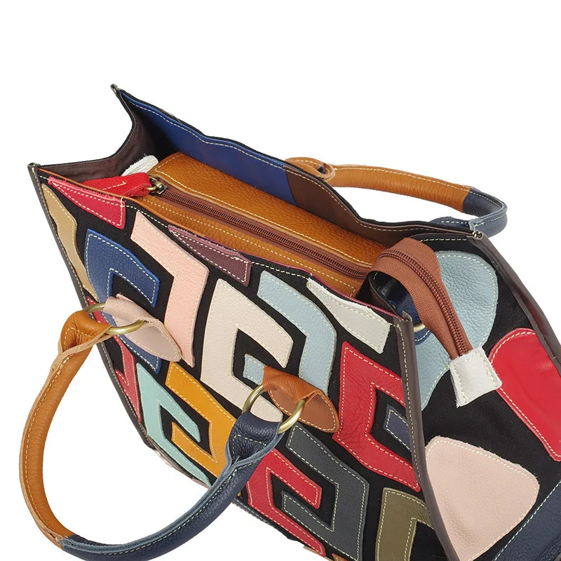 Genuine leather women's bag, ethnic style color contrasting design, large capacity tote bag, women's handbag