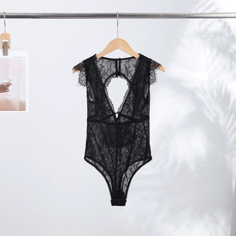 Black Backless Lace V Neck Sleeveless Bodysuit for Women