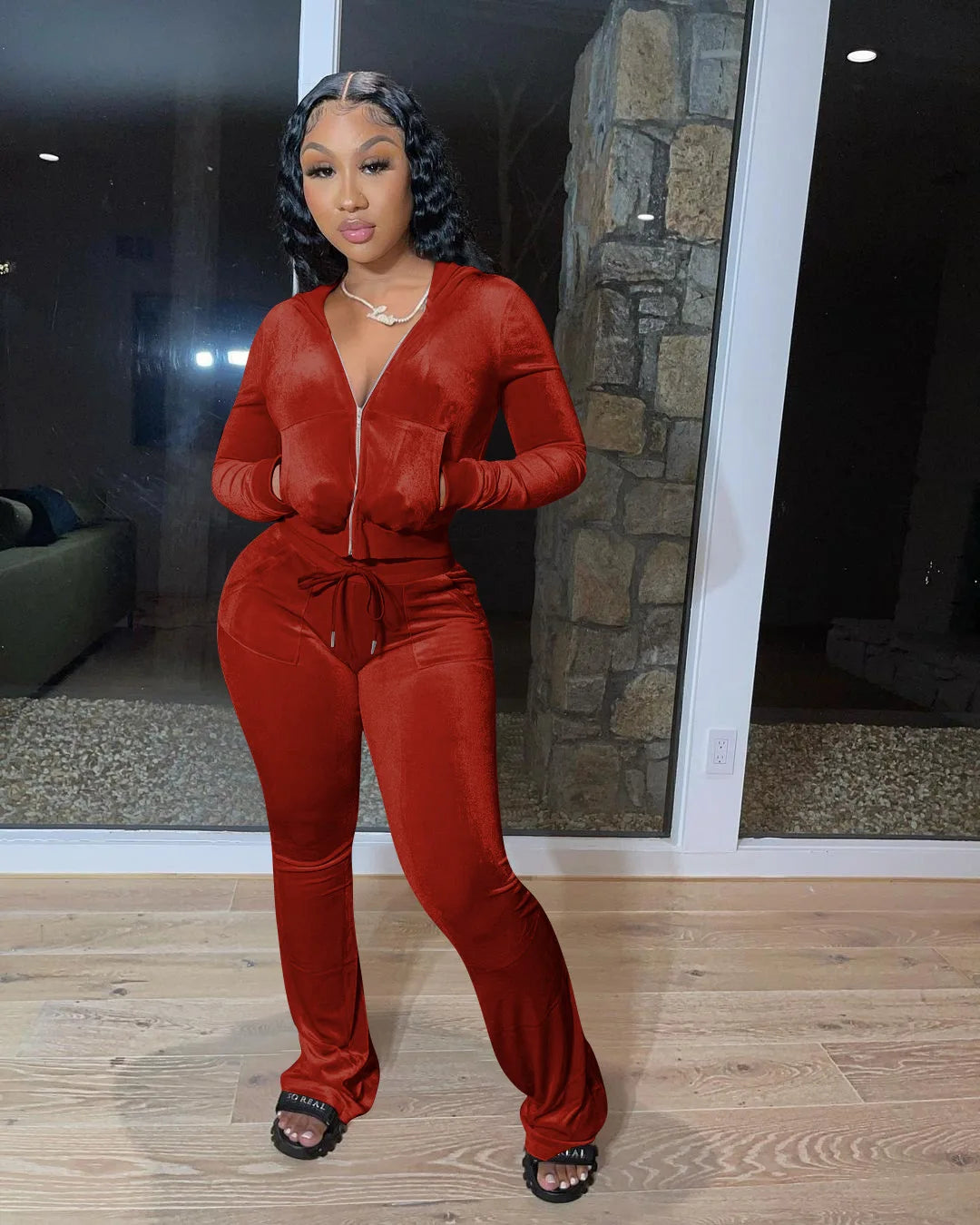 Hooded Zip Top And High Waist Pants Outfit Set for Women