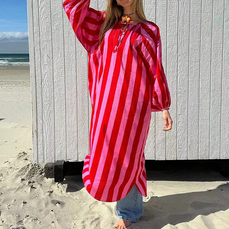 Elegant Striped V Neck Long Sleeve Maxi Dress for Women