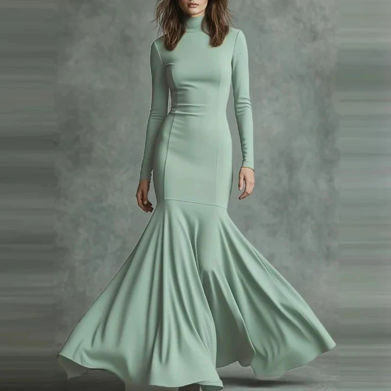 Casual Long Sleeve Women's Long Dresses Fashion Turtleneck Solid Fishtail Dress Elegant Hight Waist Pleated Slim Fit Party Dress