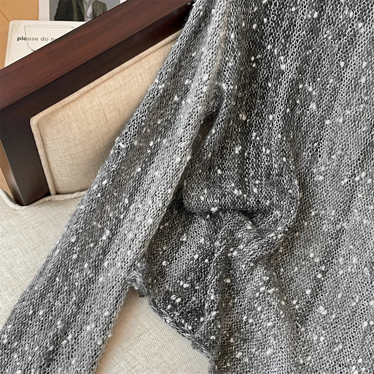 Sequin Round Neck Long Sleeve Knit Sweater for Women