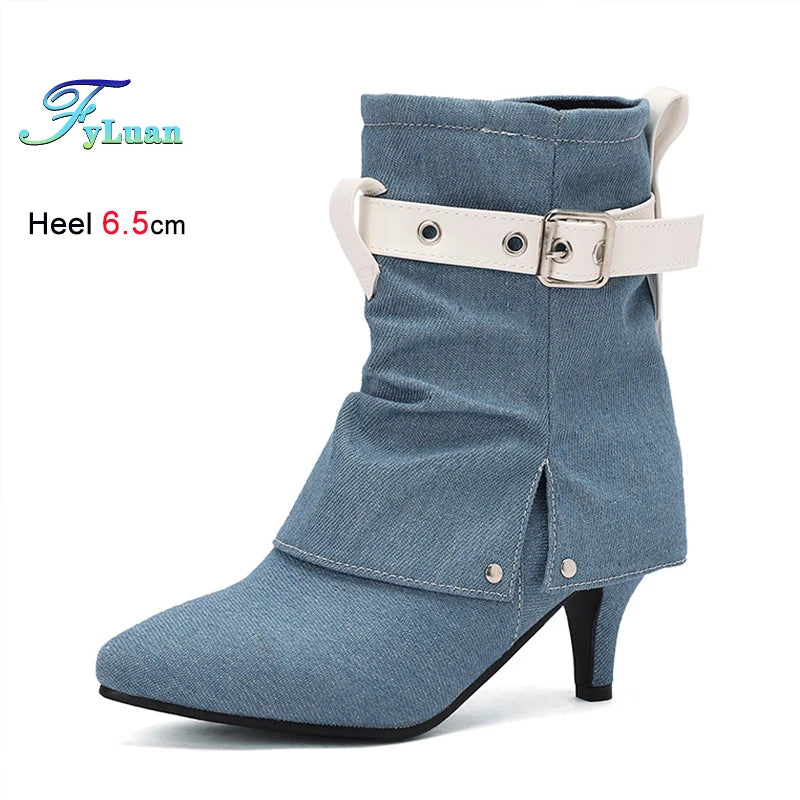 Western Style Denim Autumn Pointy Toe Ankle Boots With Belt Buckle for Women