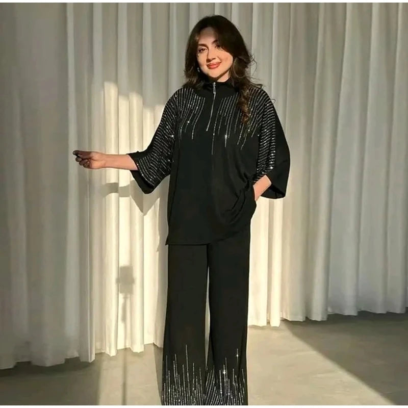 Elegant Casual Sequin Two Piece Top And Pants Set For Women