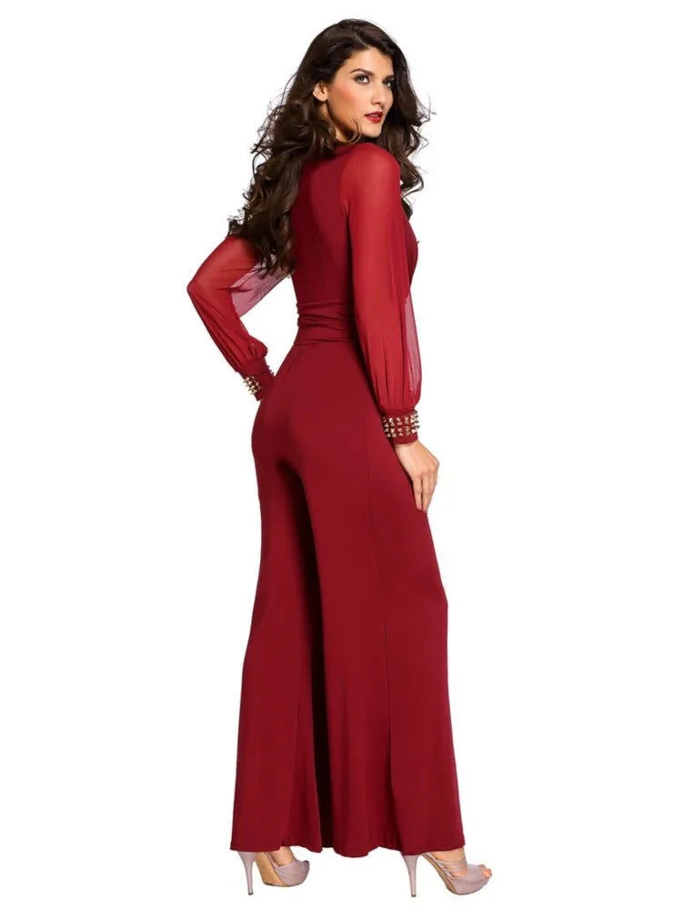 Deep V Neck Lace Lantern Jumpsuit