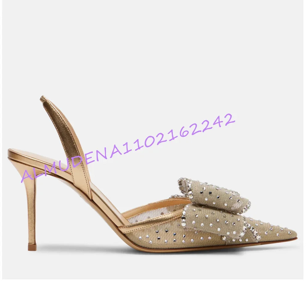 Rhinestone Bow Pointed Slingback Stiletto Heels for Women