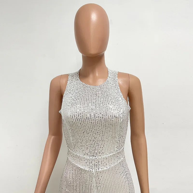 Elegant Silver Sequined Straight Cut Jumpsuit for Women