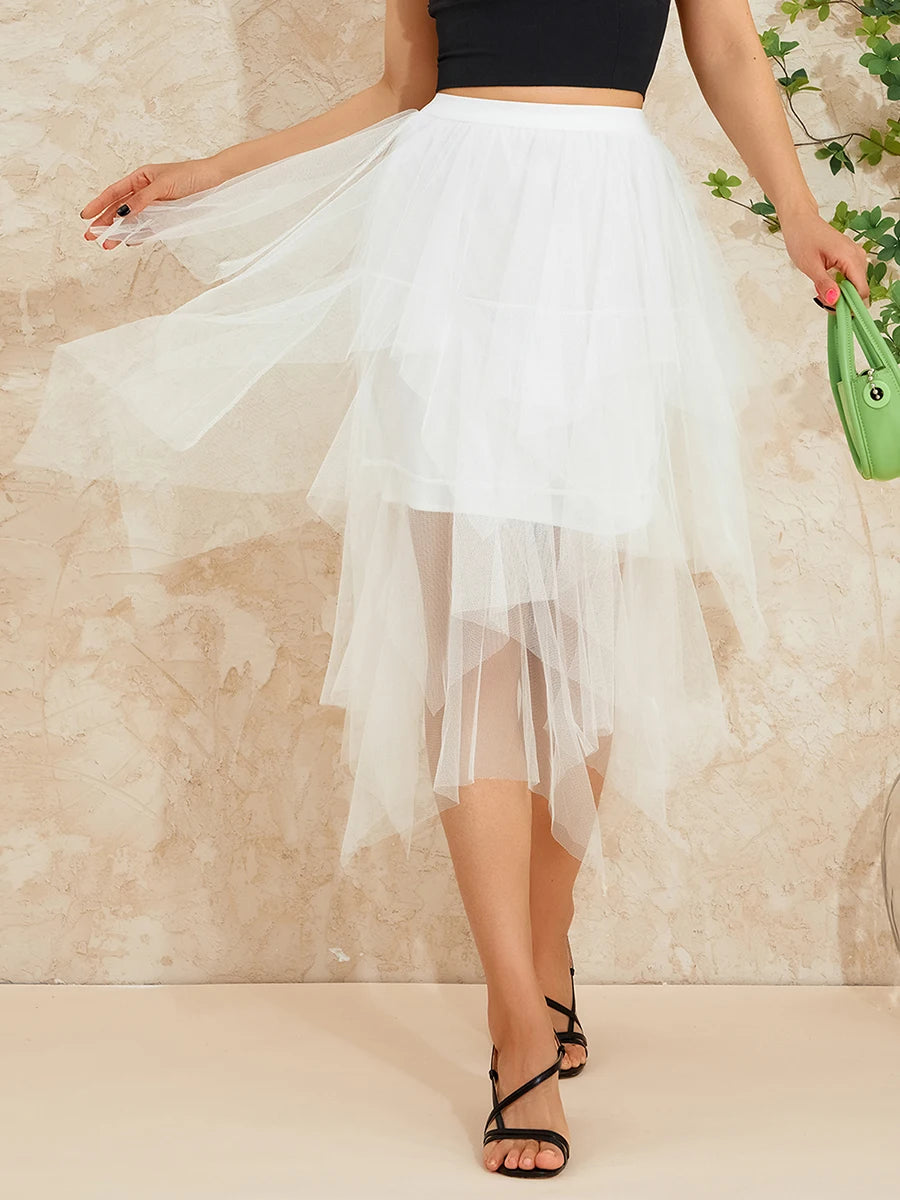Women Tutu Tulle Skirt Elegant High Waist Mesh Tiered Layered Half Skirt Female Prom Party Midi Skirt for Summer Fairycore Y2K