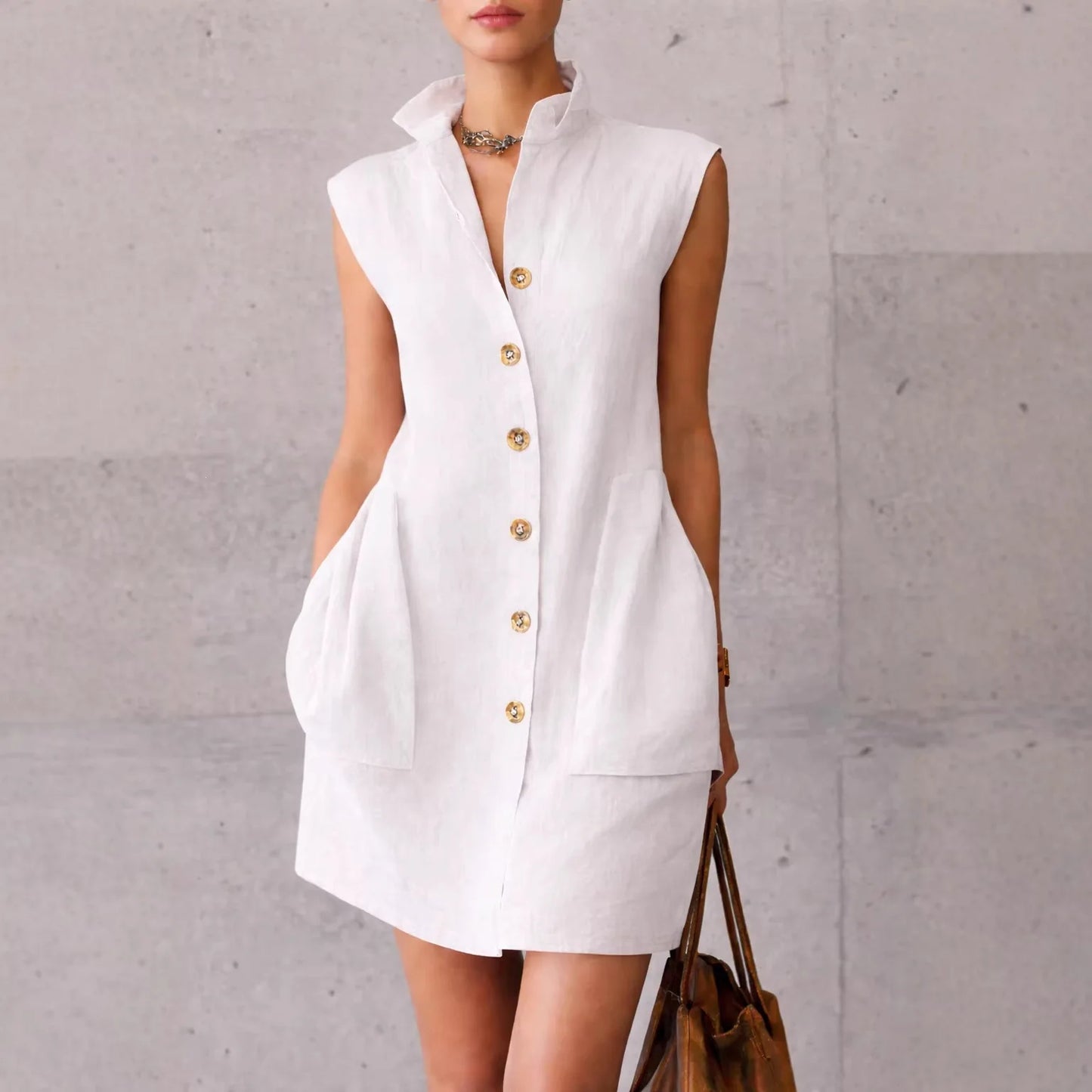Solid Color Lapel Button Sleeveless Pocket Mini Shirt Dress for Women