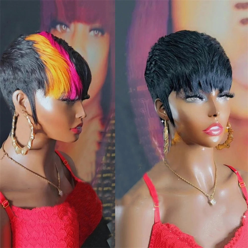 Short Layered Pixie Cut Human Hair Wig With Bangs for Women