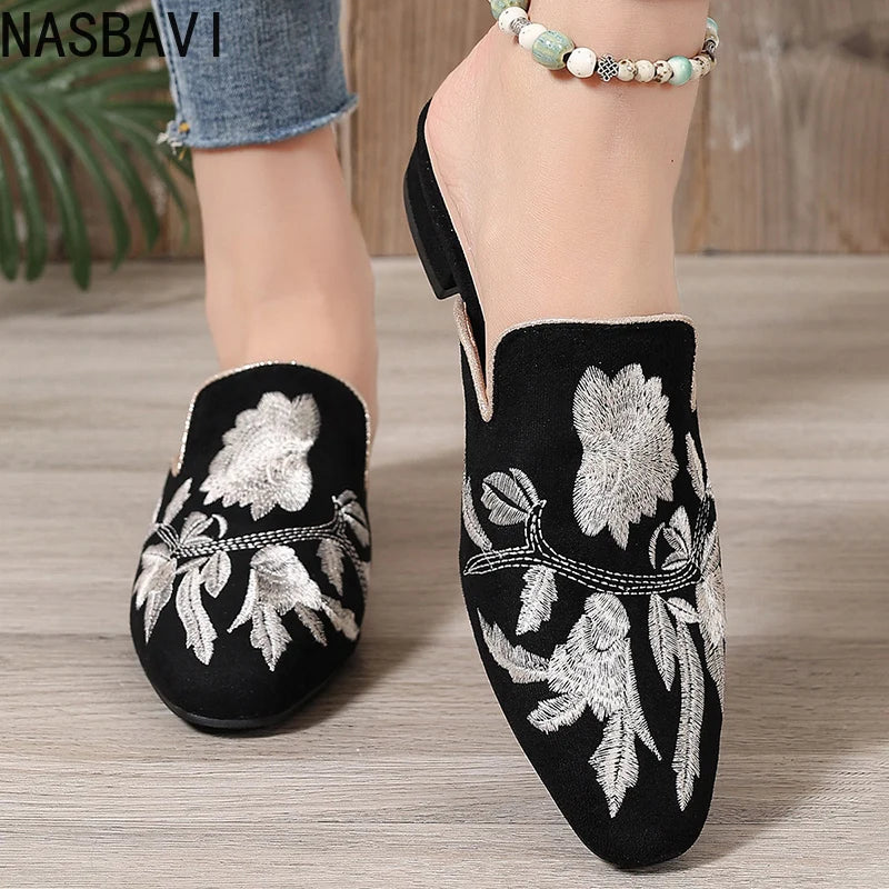 Chic Floral Velvet Embroidered Mules