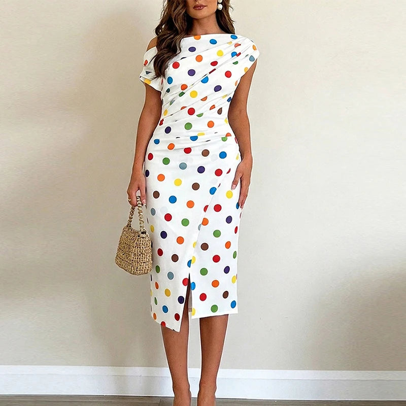 Polka Dot Pleated Off Shoulder Midi Dress for Women