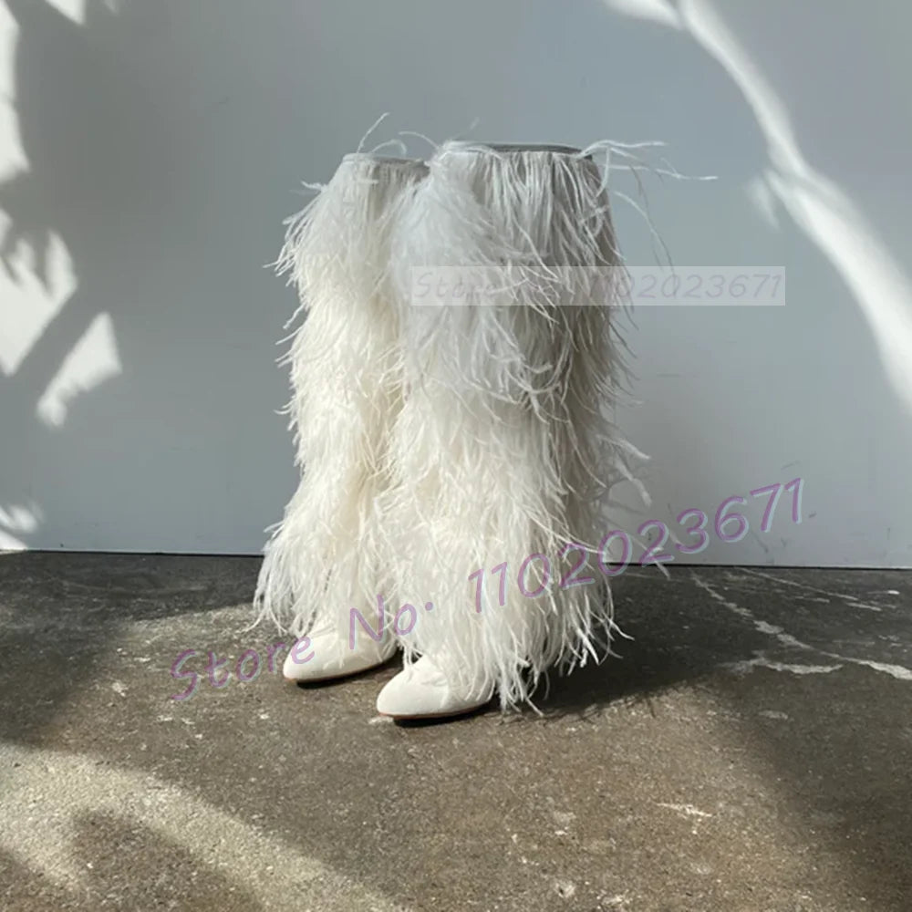 White Feather Pointed Toe Suede Side Zip Boots for Women
