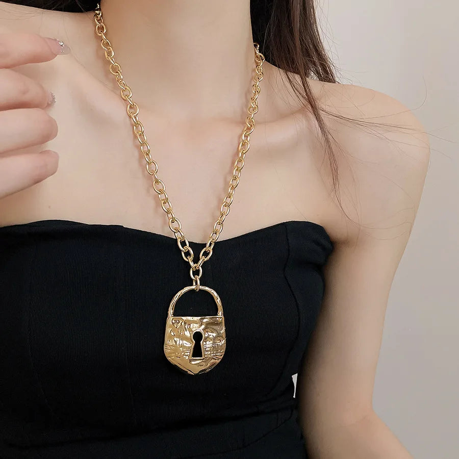 Textured Lock Pendant Necklace