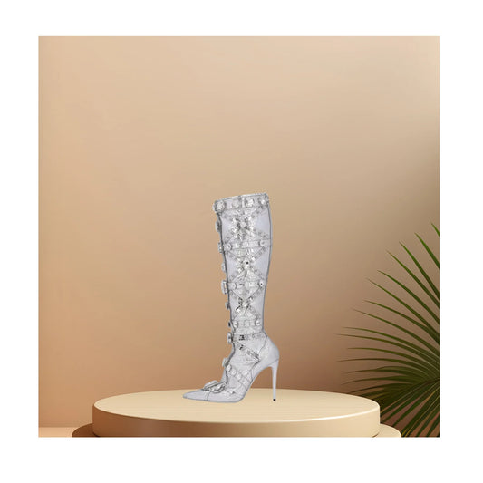 Silver Crystal Decor Knee High Boots Pointed Toe Shoes for Women Thin High Heel Sexy Lady Shoes 2024 Zapatos Para Mujere
